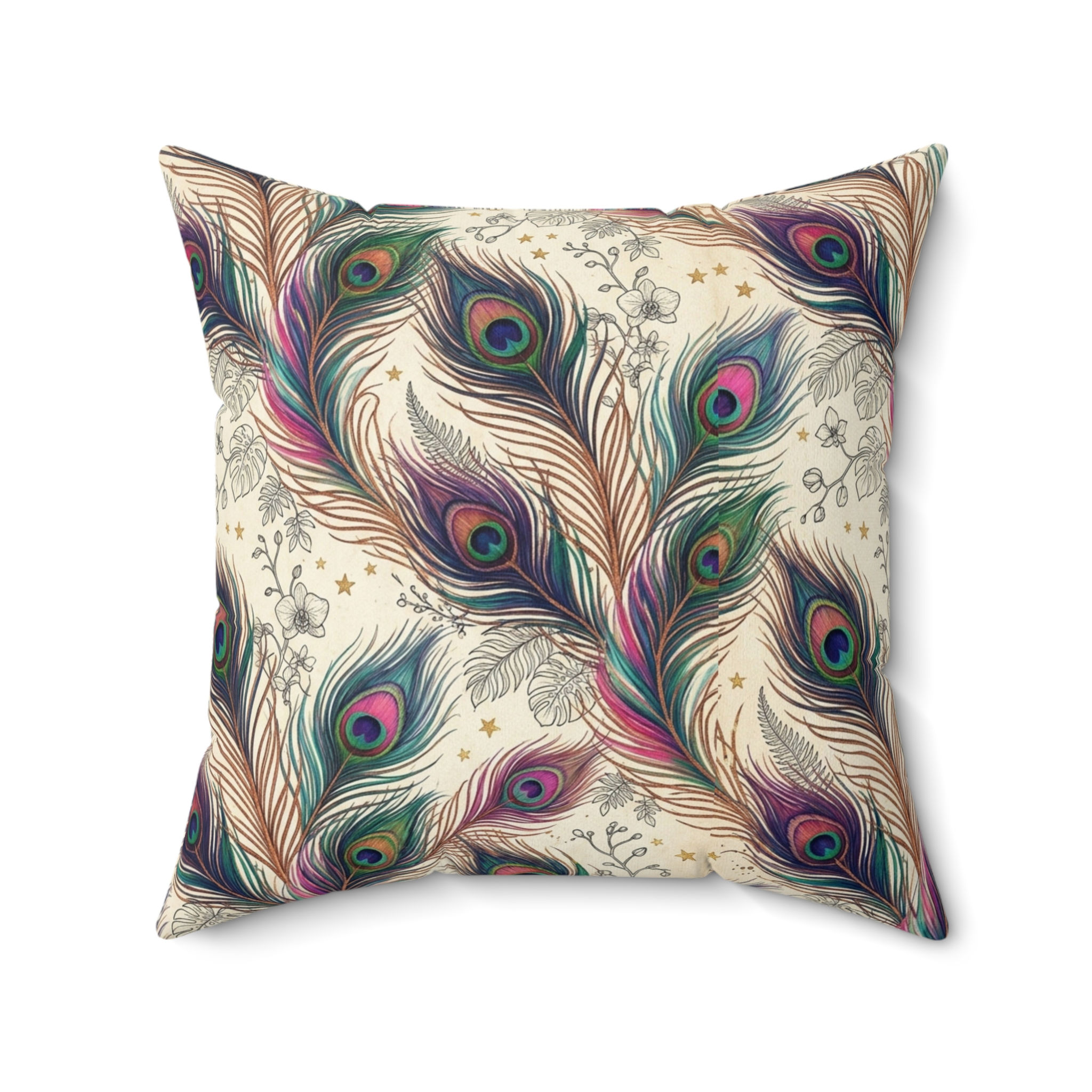 Peacock Feather Decorative Pillow - Boho Floral Accent Cushion