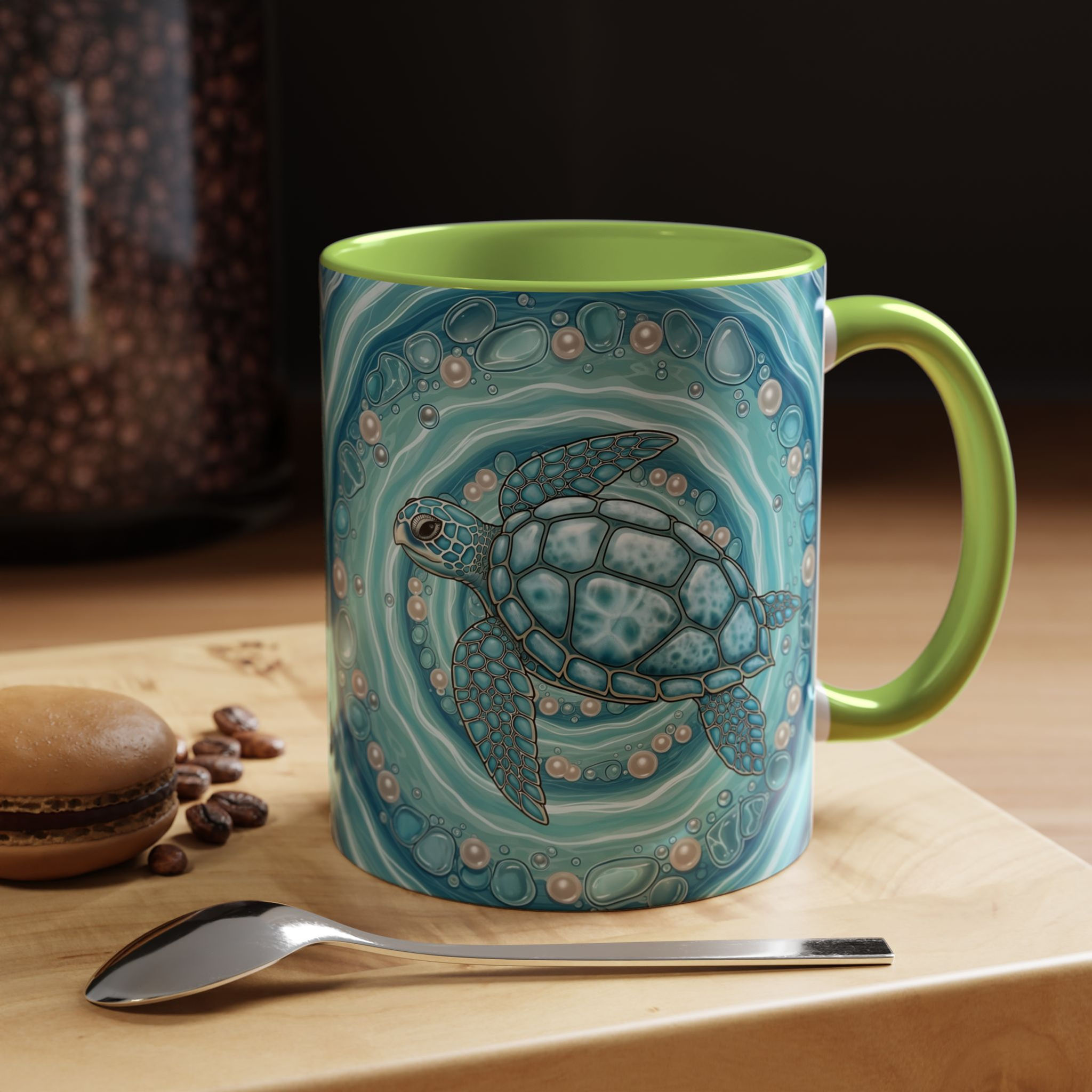 Sea Turtle Accent Coffee Mug — Ocean Waves, Pearl Bubble Art (11/15oz)