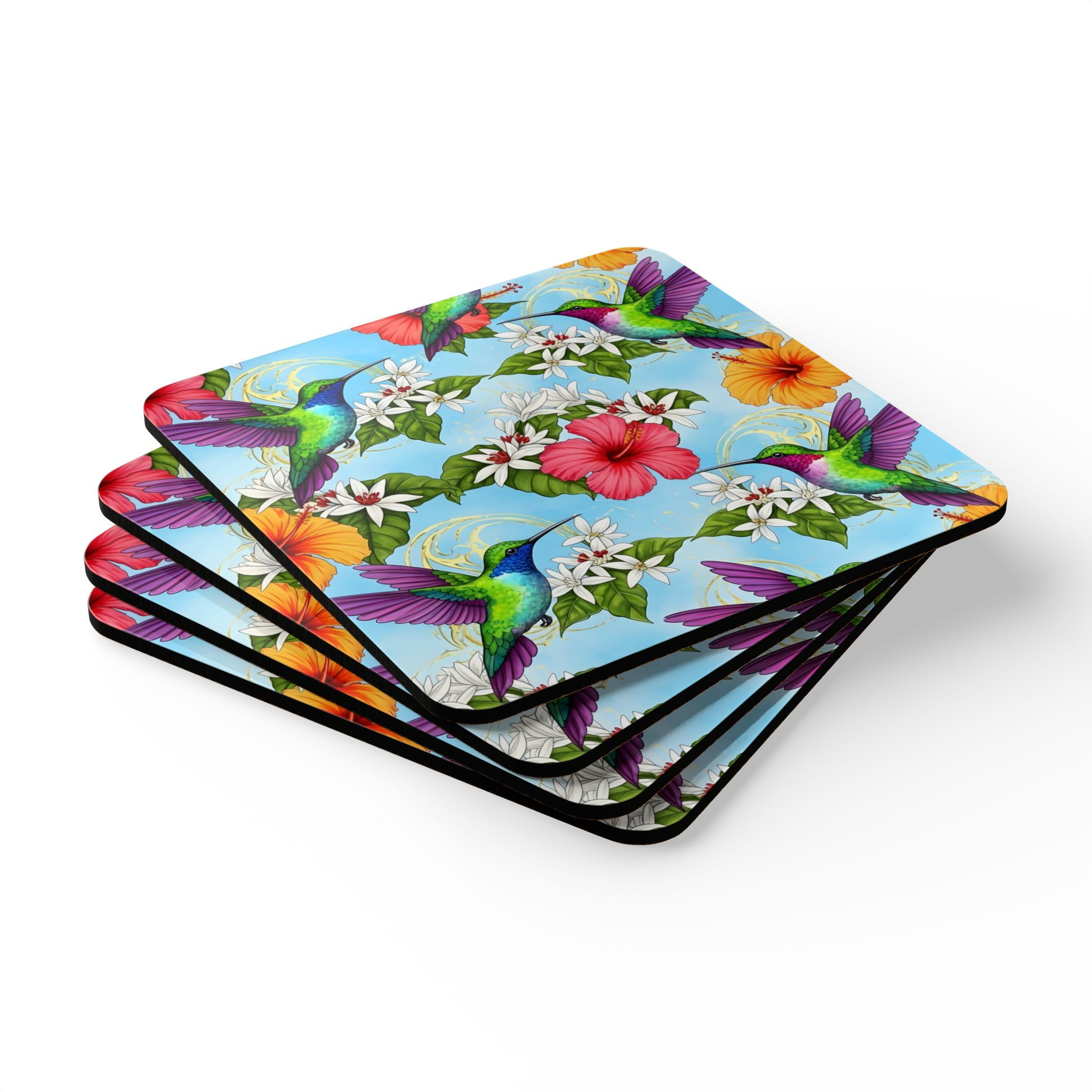 Hummingbird & Hibiscus Cork Coaster Set  Tropical Floral Drink Coasters (4-Pack)