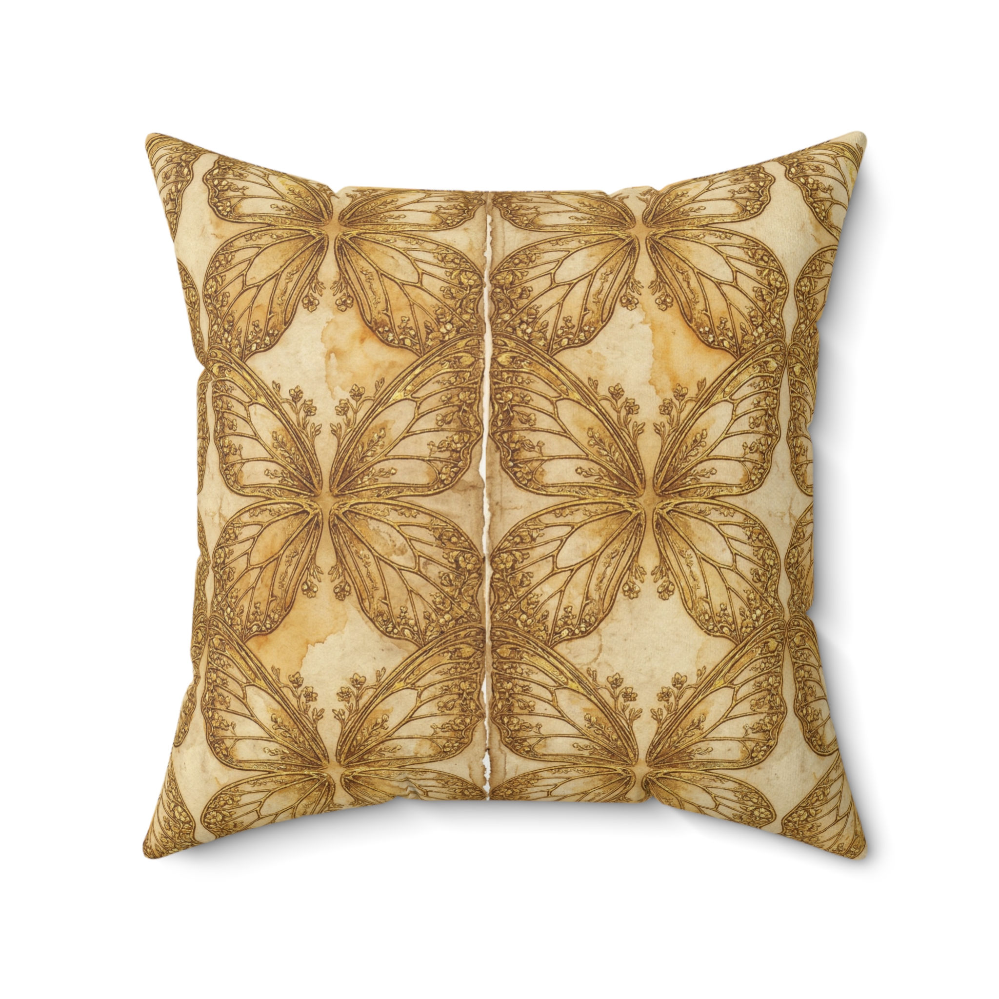 Butterfly Tile Decorative Pillow — Vintage Gold Floral Throw Cushion