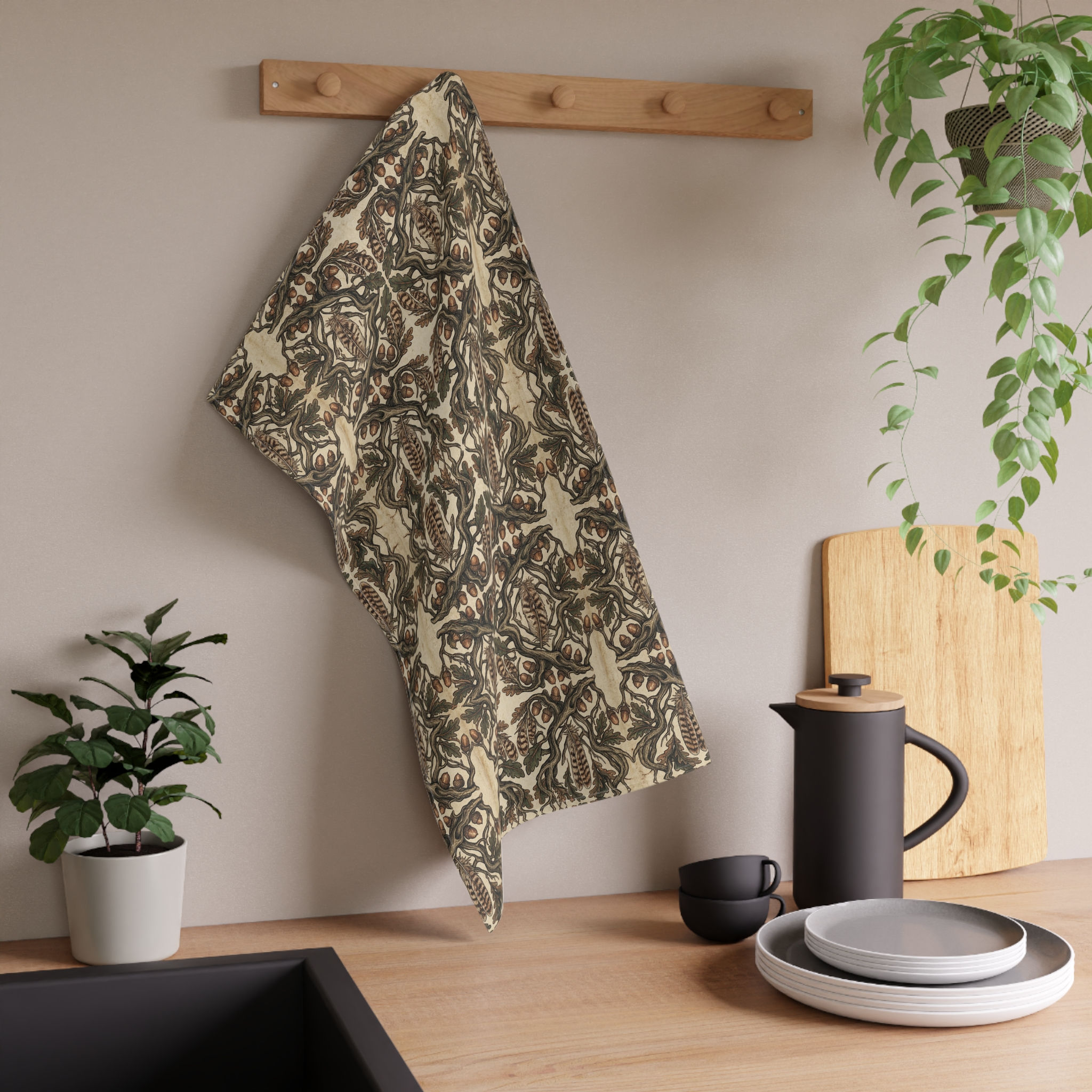 The Oak Sentinel Feather and Acorn Net— Earthy Floral Kitchen Linen