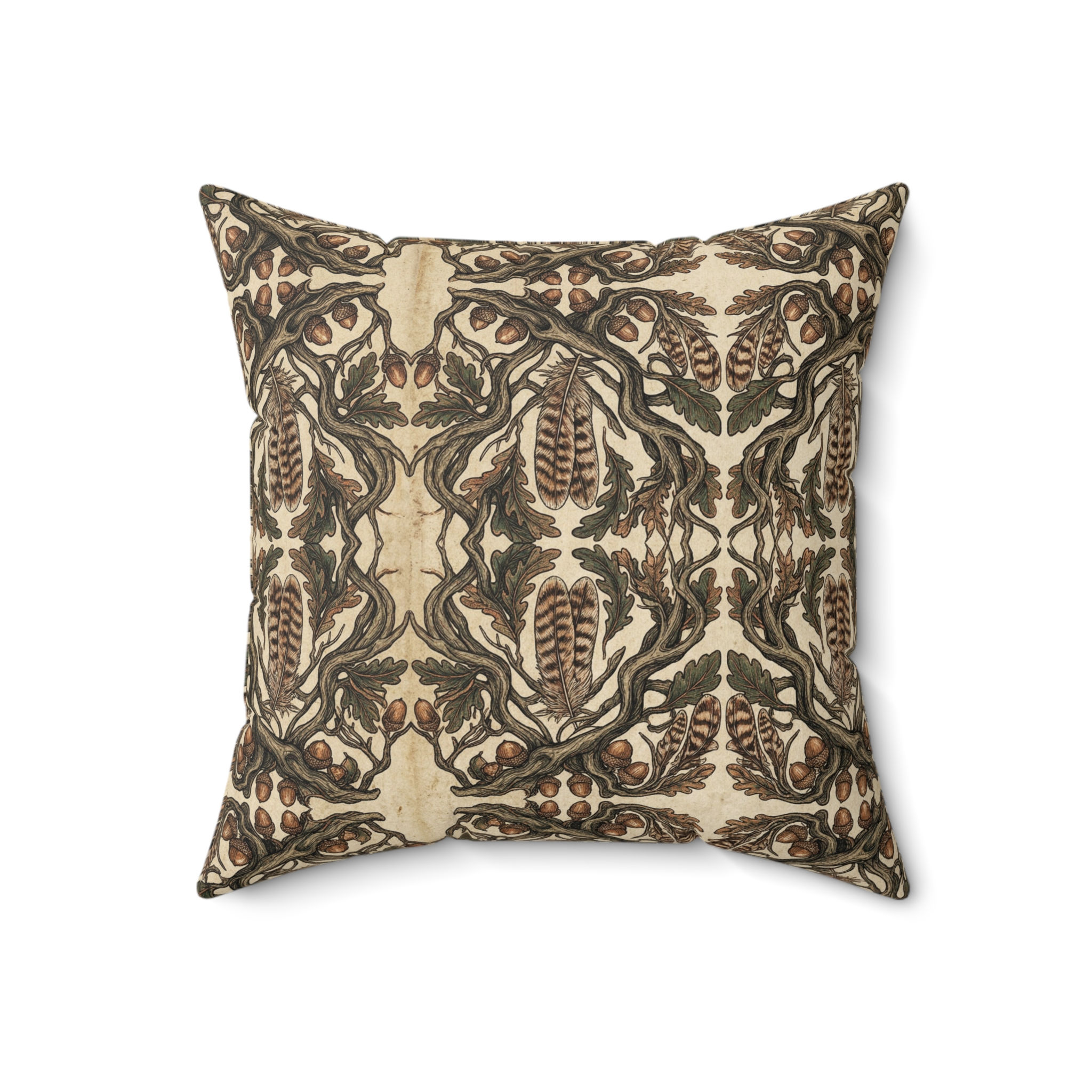 The Oak Sentinel Feather and Acorn Net Throw Pillow — Earth Tone Floral Pattern