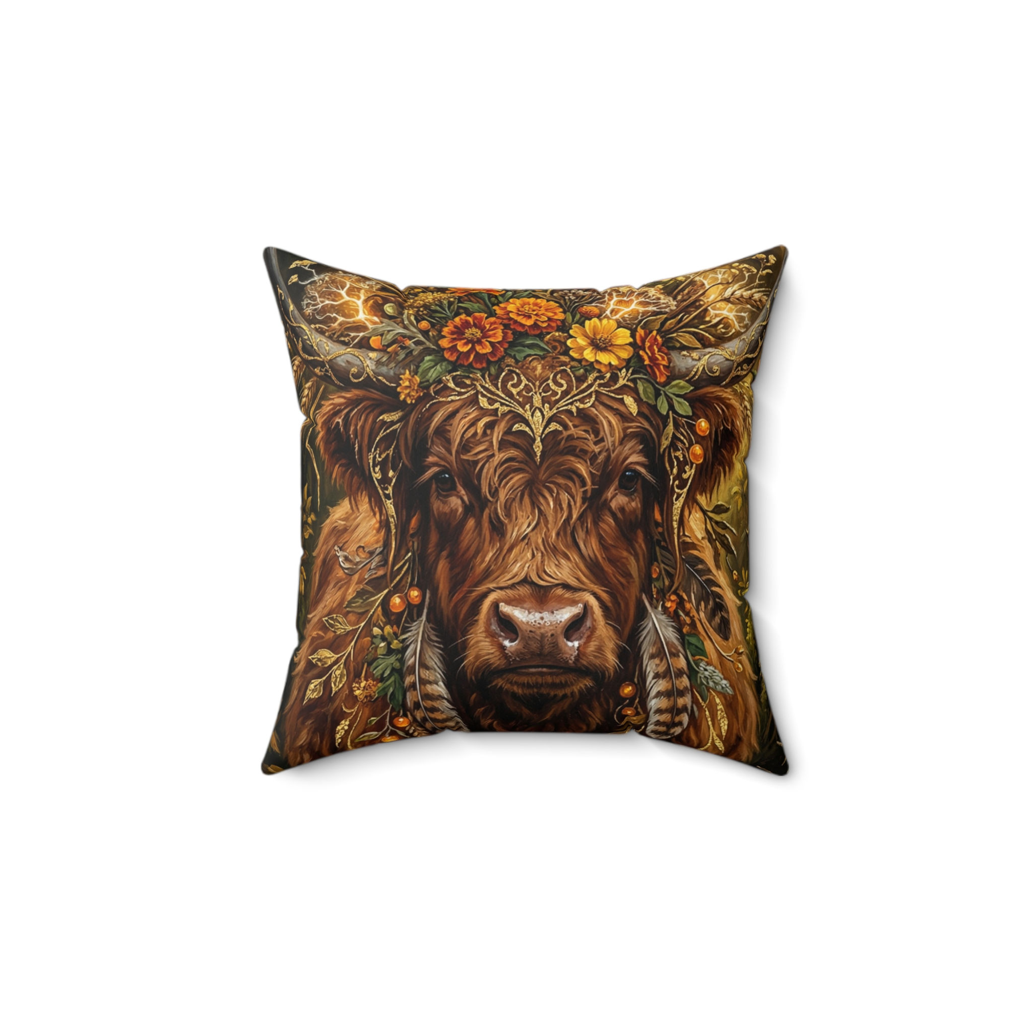 Rustic Highland Cow Floral Pillow — Autumn Farmhouse Decorative Square Pillow