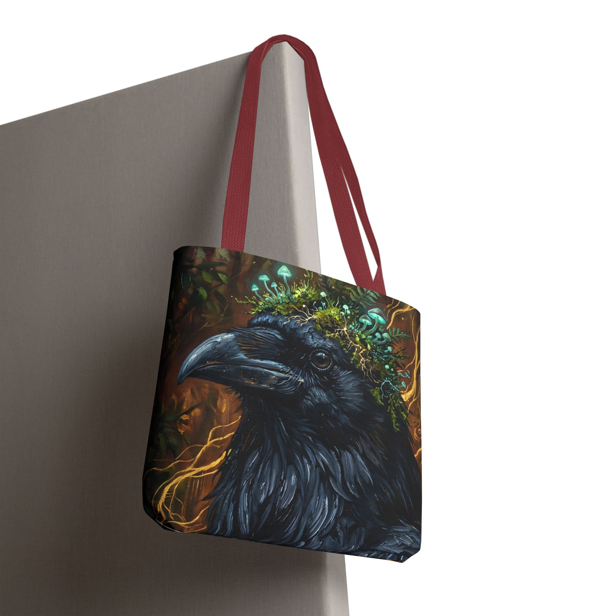 Raven Moss Crown Tote Bag — Mystical Forest Crow Illustration AOP