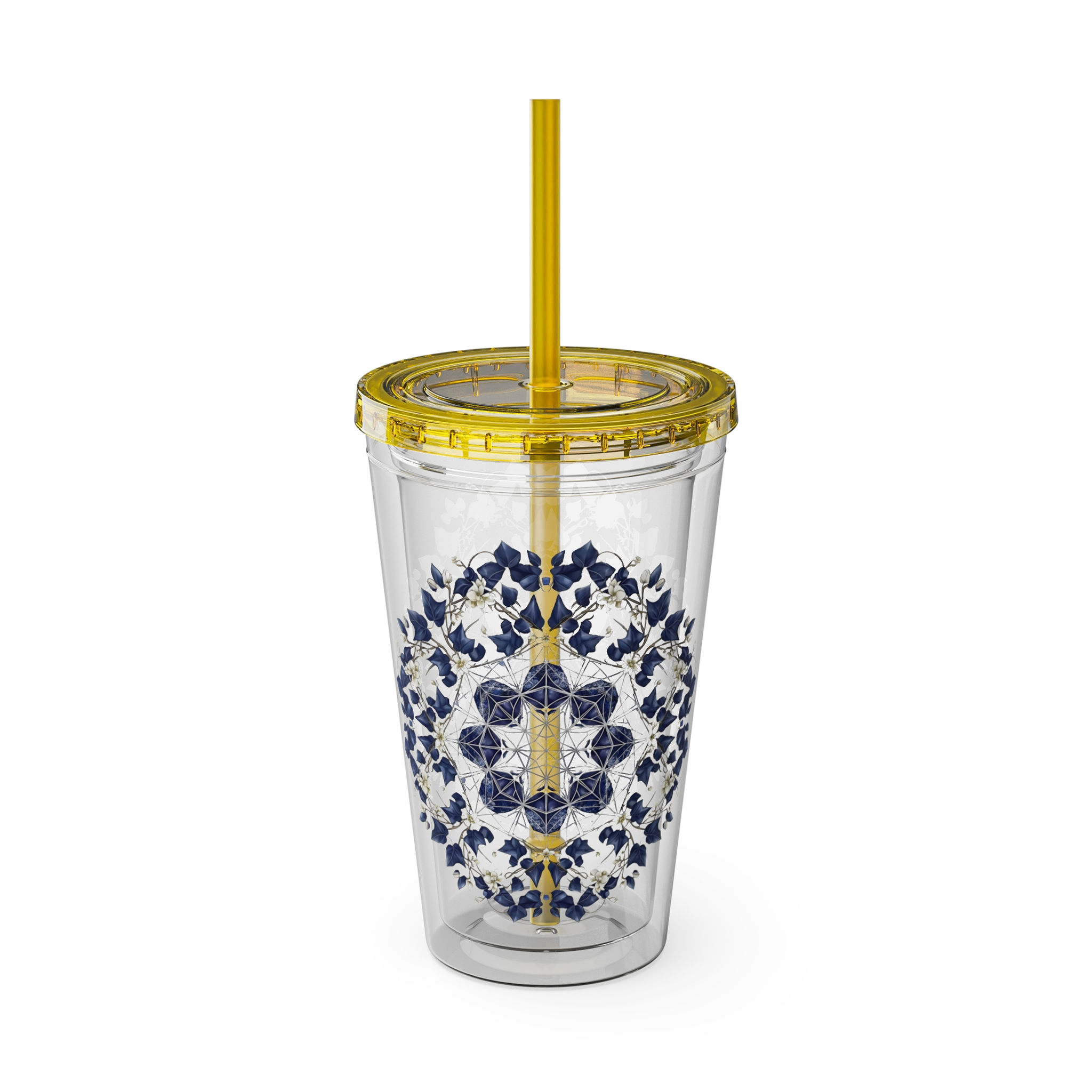 16oz Floral Mandala Tumbler with Straw — Navy Blue Sunsplash Design