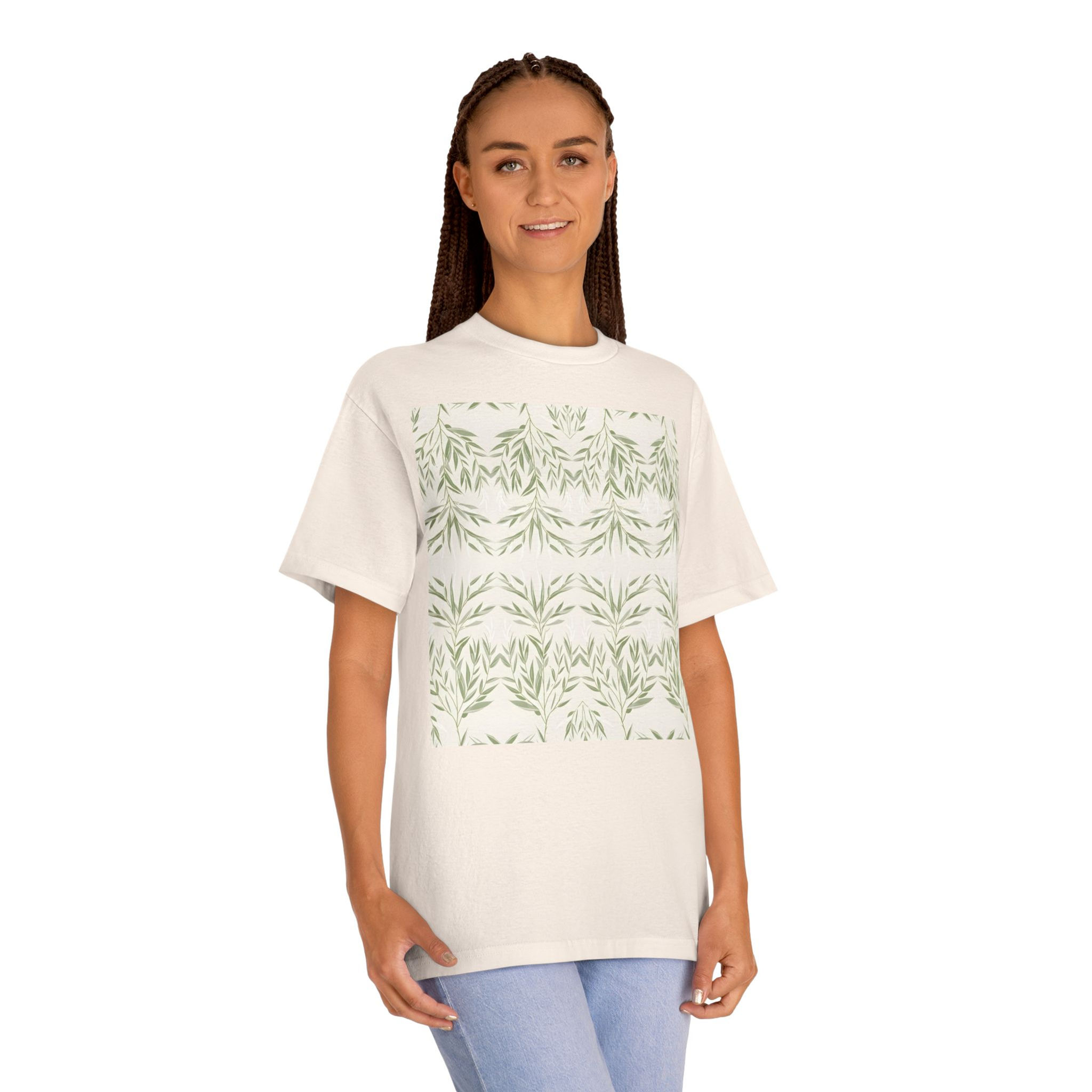 Botanical Square Tee — Green Leaf Pattern Graphic T‑Shirt
