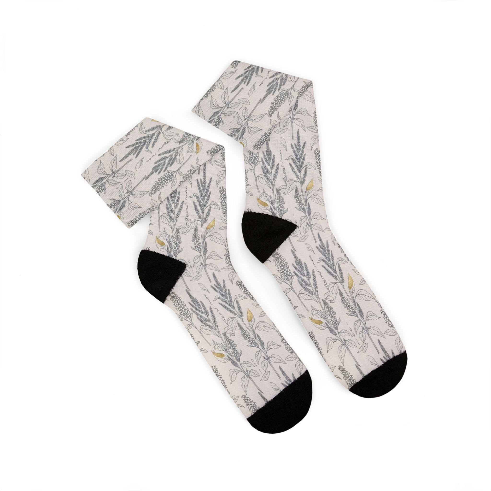 Botanical Gray Sublimation Socks — Neutral Leaf Pattern Crew Socks