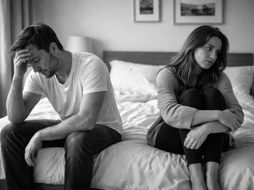 Homme et femme assis dos à dos sur un lit, illustration d’un couple en crise et d’une distance dans la relation.