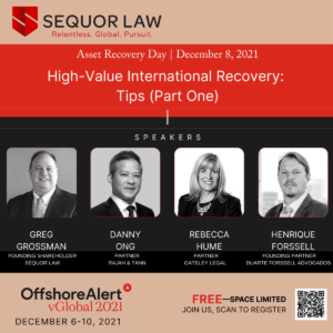 Sequor Law Asset Recovery Day panel graphic titled “High-Value International Recovery: Tips (Part One)” with featured speakers including Gregory Grossman.