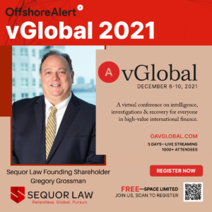 OffshoreAlert vGlobal 2021 graphic featuring Gregory Grossman speaking at Asset Recovery Day, December 8, 2021.