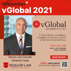 OffshoreAlert vGlobal 2021 graphic featuring Daniel Coyle speaking at Crypto Day, December 9, 2021.