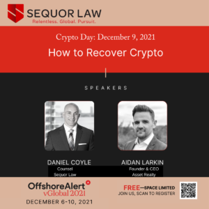 Sequo r Law Crypto Day panel graphic titled “How to Recover Crypto” featuring Daniel Coyle and Aidan