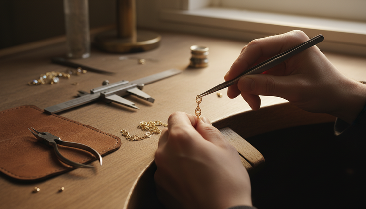 Eye-level view of a jeweller examining chain links with small tools