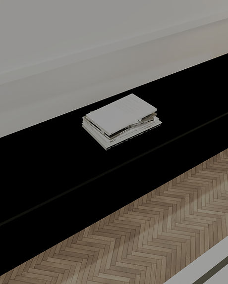 Coffee table books placed on a bespoke smoked oak floating shelf in a family apartment in Notting Hill, London