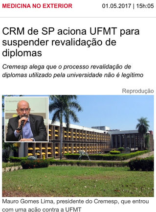 Notícia - CRM de SP aciona UFMT para suspender revalidação de diplomas