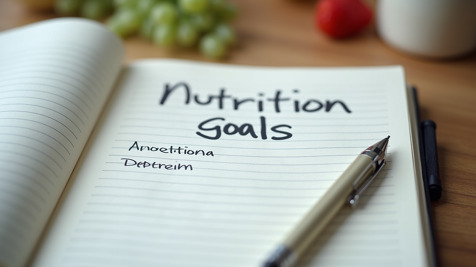 Close-up view of a notebook with handwritten nutrition goals and a pen