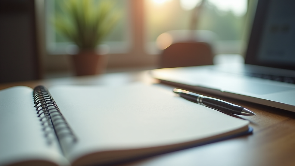 Eye-level view of a calm workspace with a notebook and pen