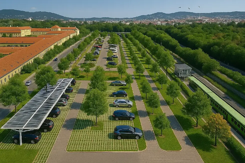 KI-Bild des Parkplatzes vor Schloss Schönbrunn mit Photovoltaikdächern, Rasengittersteinen und Begrünung.