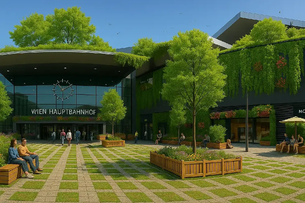 KI-Visualisierung des Wiener Hauptbahnhofs mit Grünflächen, Bäumen und Pflanzen statt Betonflächen.