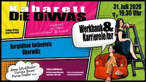 Anna Gitschthaler und Verena Bauer präsentieren gemeinsam mit Florian Fradler das Kabarett „Werkbank & Karriereleiter“ auf der Burgbühne Rothenfels in Oberwölz.