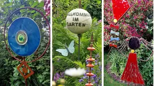 Kunstvolle Keramik- und Metallobjekte in einem naturnahen Garten bei der Gartenausstellung von Monika Bacher in Judenburg.