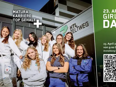 Mädchen vor der HTL Zeltweg beim Girls’ Day 2026 entdecken technische Ausbildung in Maschinenbau und Bautechnik und präsentieren ihre Begeisterung für Technik