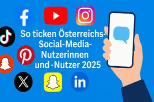 Illustration mit Social-Media-Symbolen von Facebook, Instagram, YouTube, TikTok, Pinterest, LinkedIn, X und Snapchat sowie dem Titel „So ticken Österreichs Social-Media-Nutzerinnen und -Nutzer 2025“ auf blauem Hintergrund.
