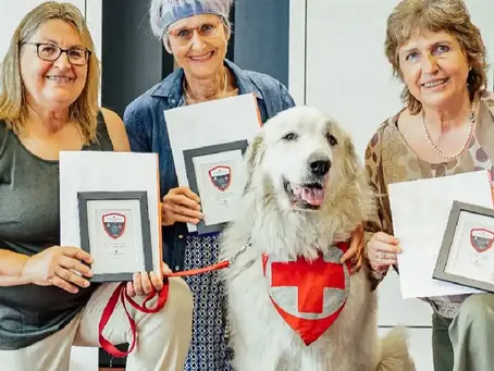 Mitglieder des Kriseninterventionsteams des Roten Kreuzes mit Therapiebegleithündin Maëlys bei einer Ehrung in der Landeszentrale des Roten Kreuzes Steiermark.