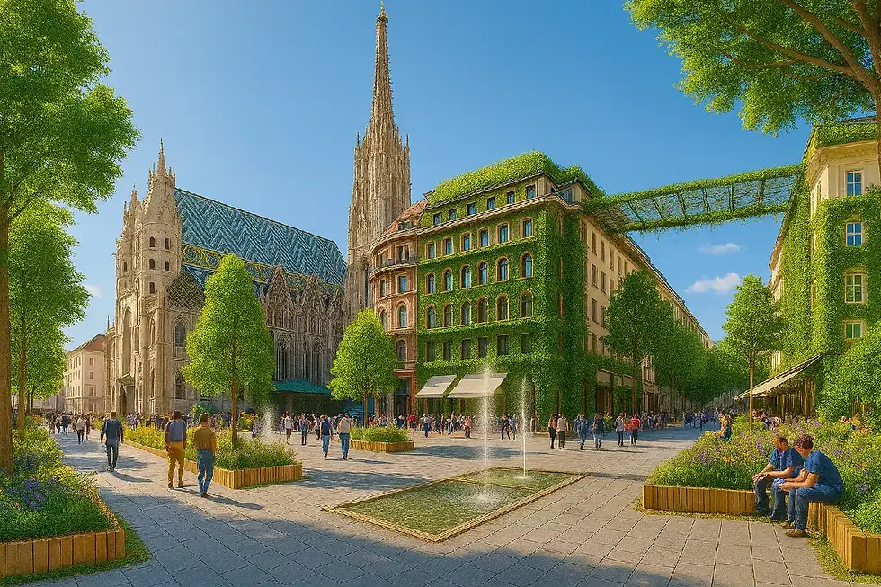 KI-Visualisierung des Stephansplatzes in Wien mit Bäumen, Blumenbeeten und begrünten Fassaden als Beispiel für Renaturierung.
