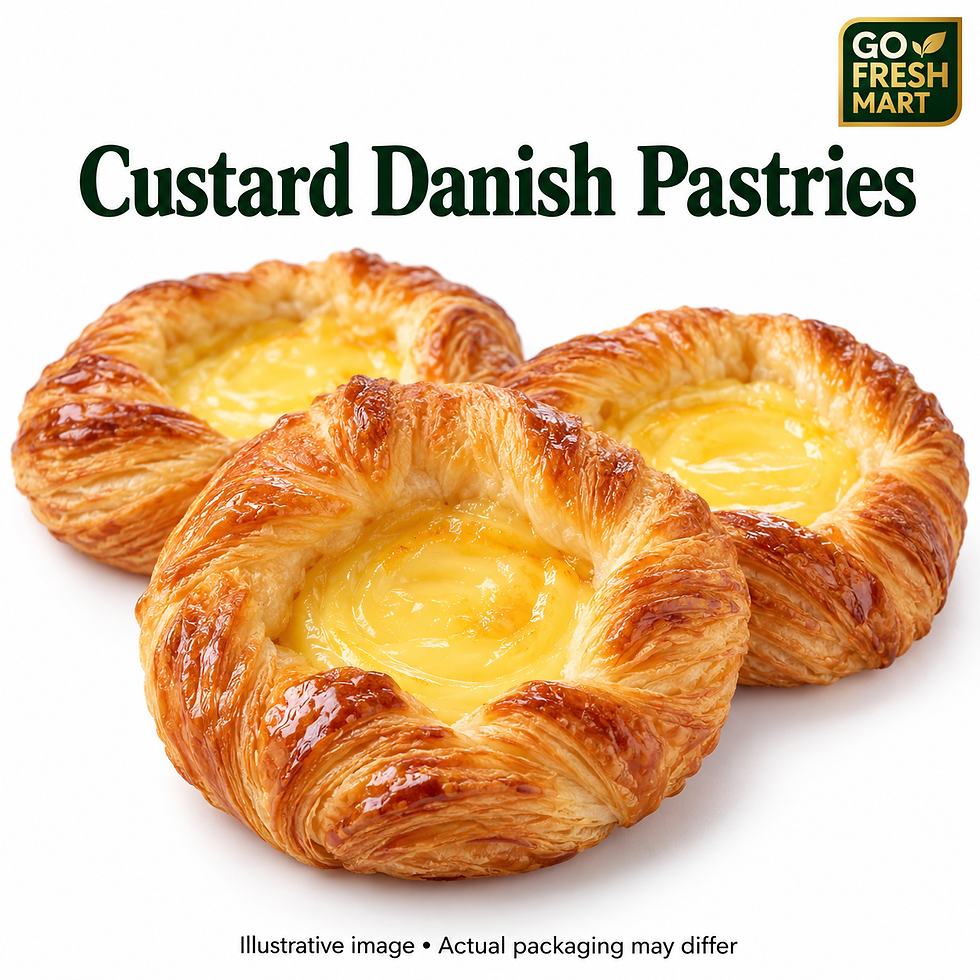 GO FRESH MART AI-generated illustrative image: Custard Danish Pastries 4 Pack. Temporary design; actual packaging may differ.