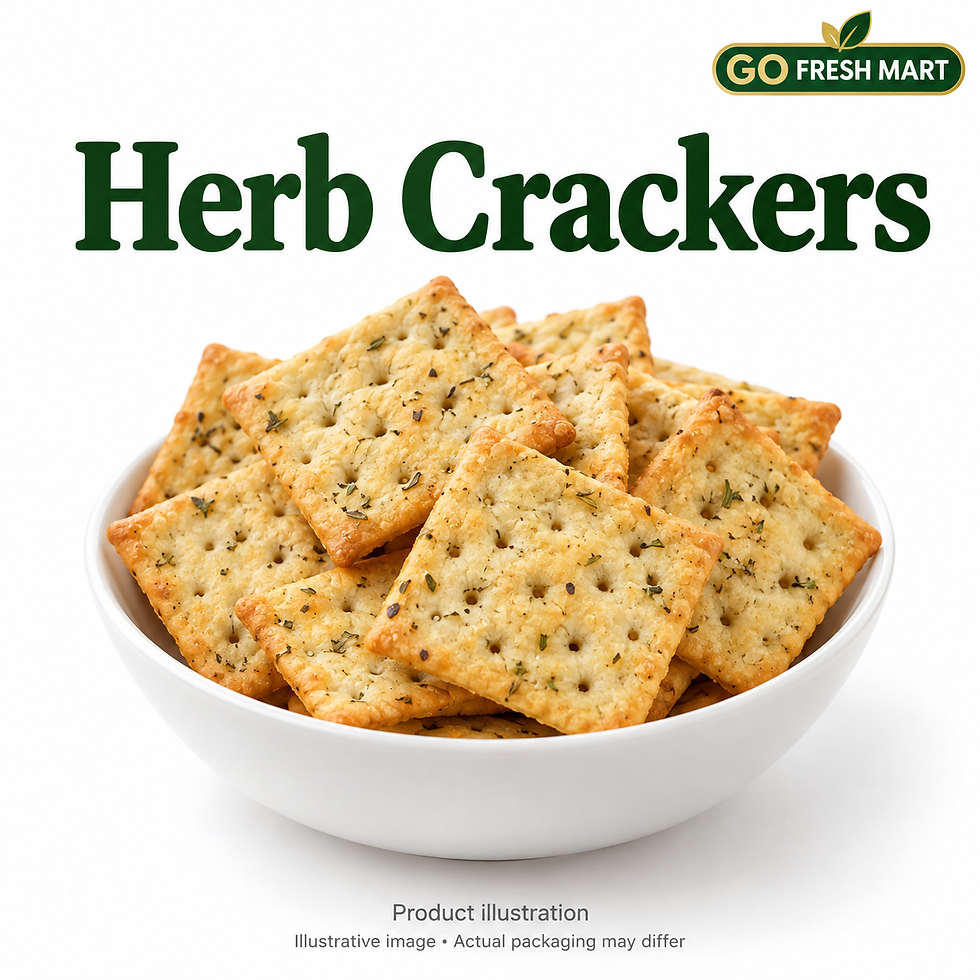 GO FRESH MART AI-generated illustrative image: Herb Crackers 300g. Temporary design; actual packaging may differ.