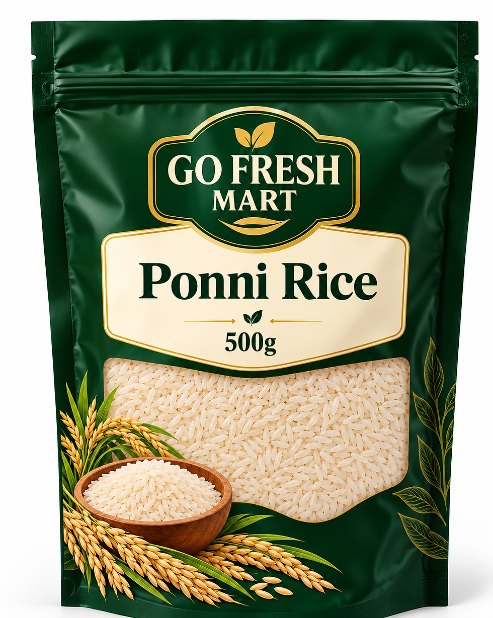 GO FRESH MART - Ponni Rice 500g - AI packaging mockup