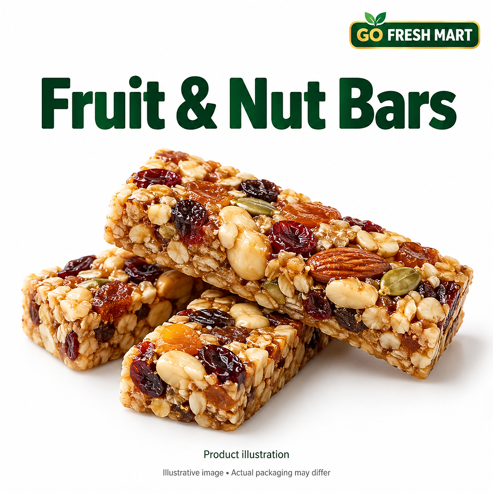 GO FRESH MART AI-generated illustrative image: Fruit & Nut Bars 5 Pack. Temporary design; actual packaging may differ.