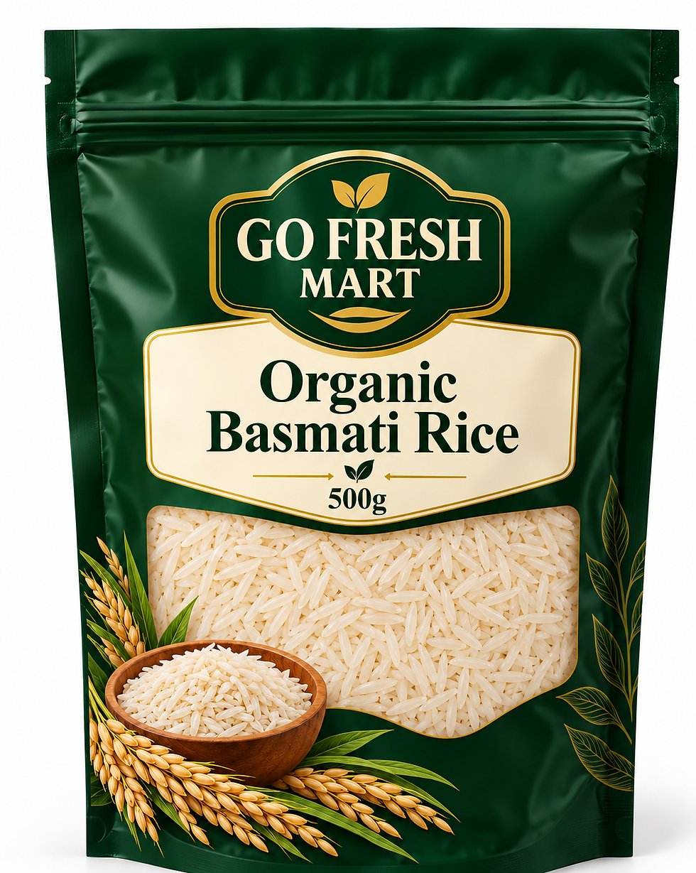 GO FRESH MART - Organic Basmati Rice 500g - AI packaging mockup
