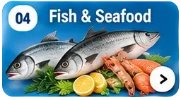 Packshot photography showcasing a variety of fresh fish and seafood, garnished with lemon and herbs.