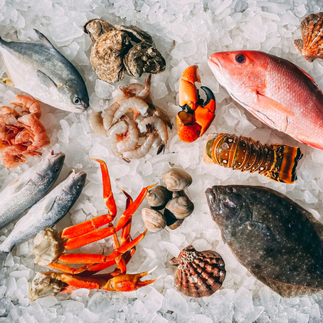 Assorted seafood on ice: fish, shrimp, clams, crab legs, and shells. Vibrant reds, oranges, and greys create a fresh and appetising scene.