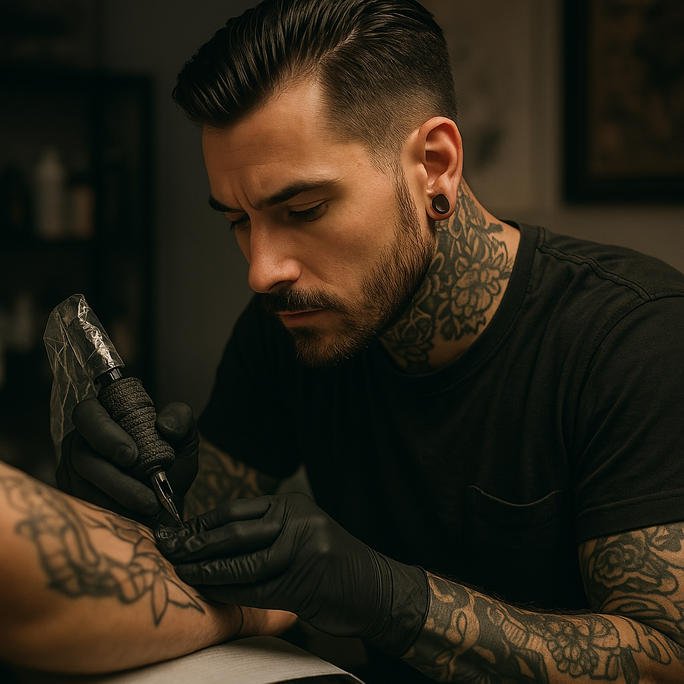 A male tattoo artist with extensive neck and arm tattoos, wearing black gloves, focuses intently while tattooing a person's a