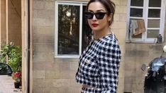 FASHION: Malaika Arora In ALESSANDRA RICH'S Wool-blend Tweed Mini Skirt-blazer & Steve Madden Pumps