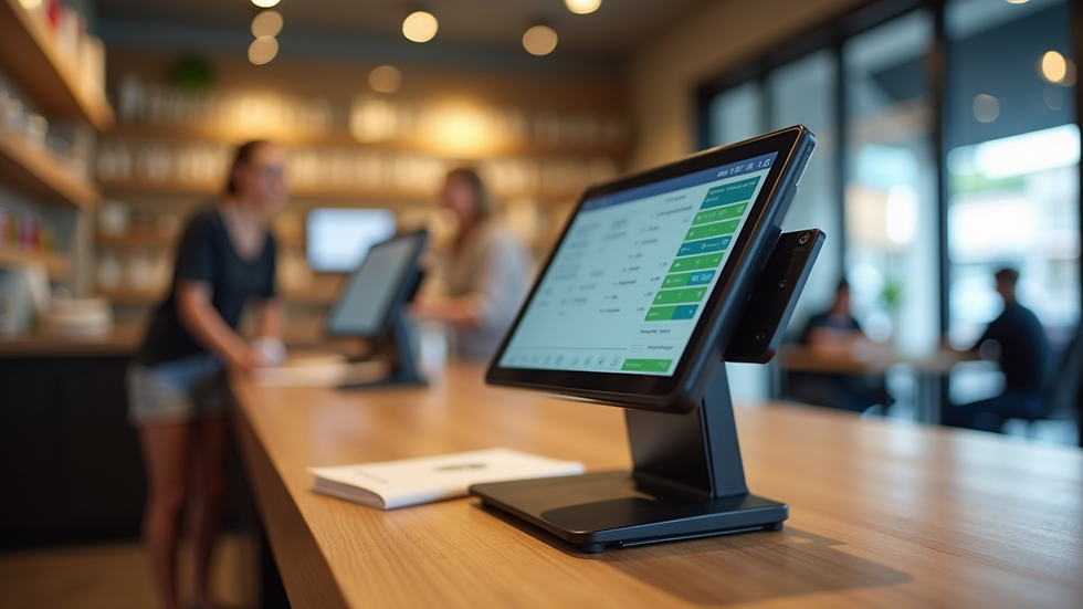 Eye-level view of a small business checkout counter with POS system