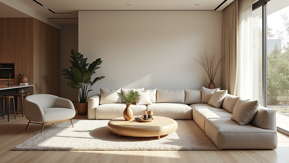 Wide angle view of a luxury residential living room with natural light and minimalist decor