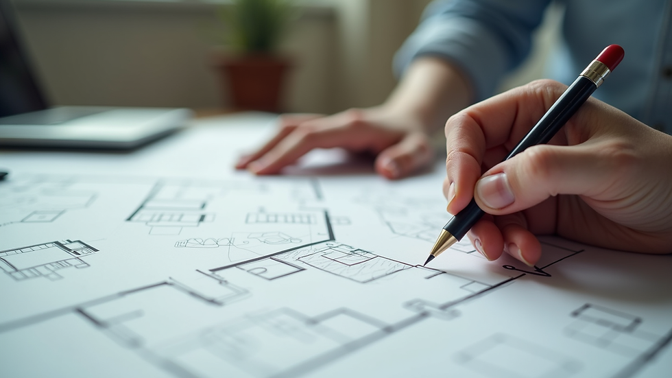 Close-up view of designer’s hands sketching a floor plan on a desk