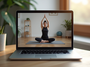 Virtual corporate yoga class on a laptop screen