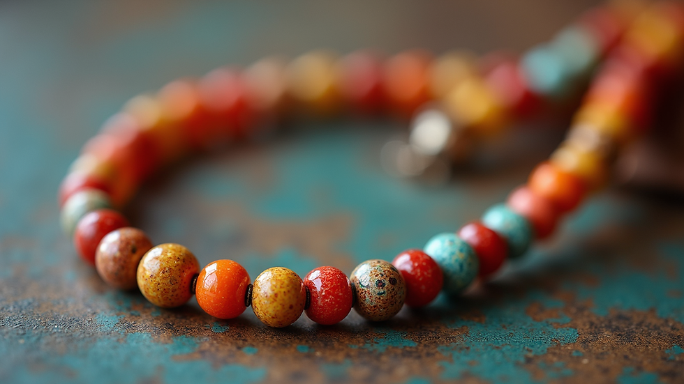 Close-up view of handcrafted beaded necklace with vibrant colors