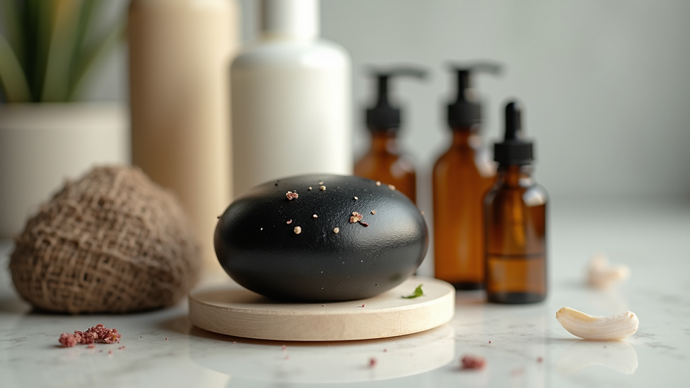 Eye-level view of a neatly arranged collection of natural skincare products including black soap