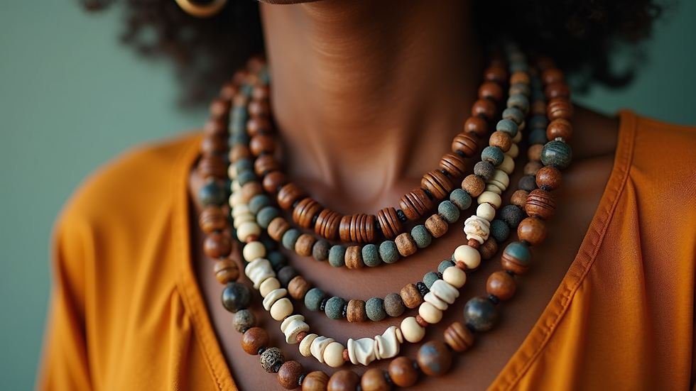 Close-up view of layered afro-boho jewelry made from beads and wood
