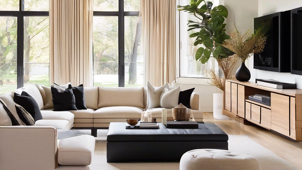 A modern cozy living room with natural light and neutral and black decor