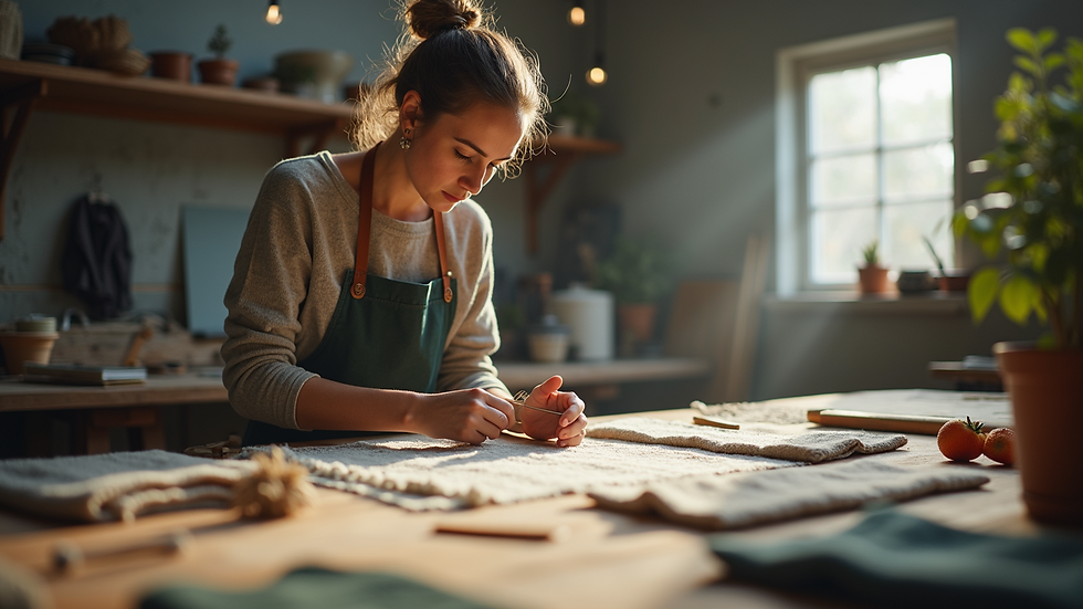 Wide angle view of an artisan at work creating eco-friendly clothing
