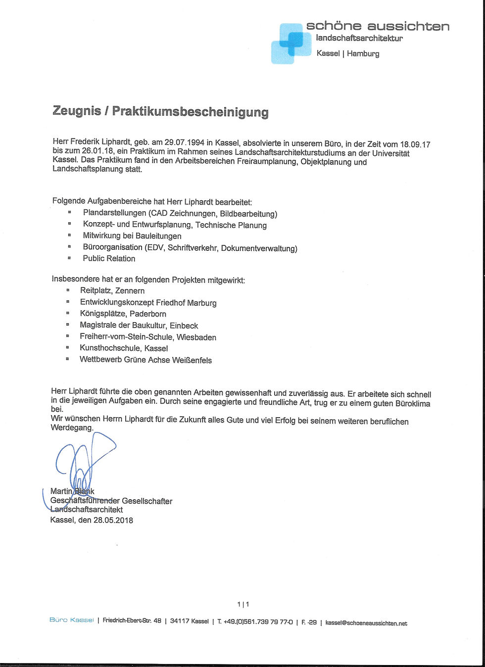 Praktikumsbescheinignung Landschaftsplanungsbüro