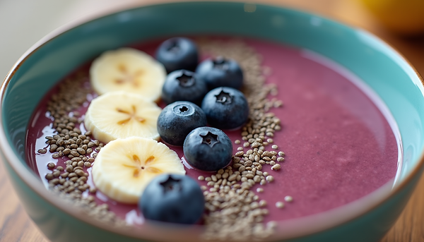 August Georgian fruit smoothie bowl with fresh blueberries 
and banana, natural ingredients, August Fruit Factory
