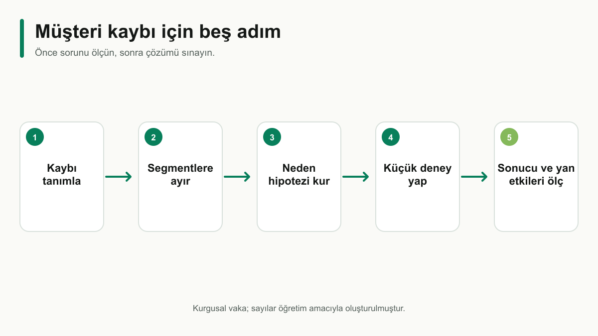 Abonelik müşterisi kaybını tanımlama, segmentlere ayırma, neden hipotezi kurma, küçük deney yapma ve sonuçları ölçme akışı.